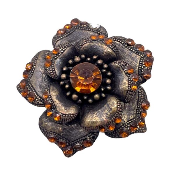 Vintage Engraved Rhinestone Flower Brooch Pin - Picture 1 of 5